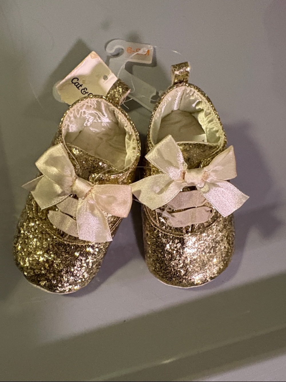 Cat & Jack Gold Glitter Baby Walkers with Satin Bows